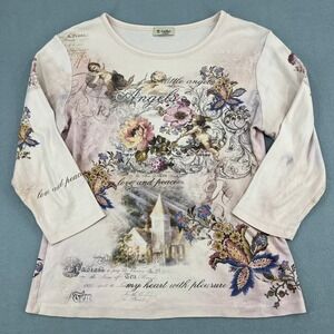 Cactus Womens Medium Cherub Angel Floral Graphic Ribbed 3/4 Sleeve Top Pink